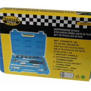 "Doppendoos 22 dlg Satin Finish, 1/2" Ratel, Verlengstukken, Inch Maten"